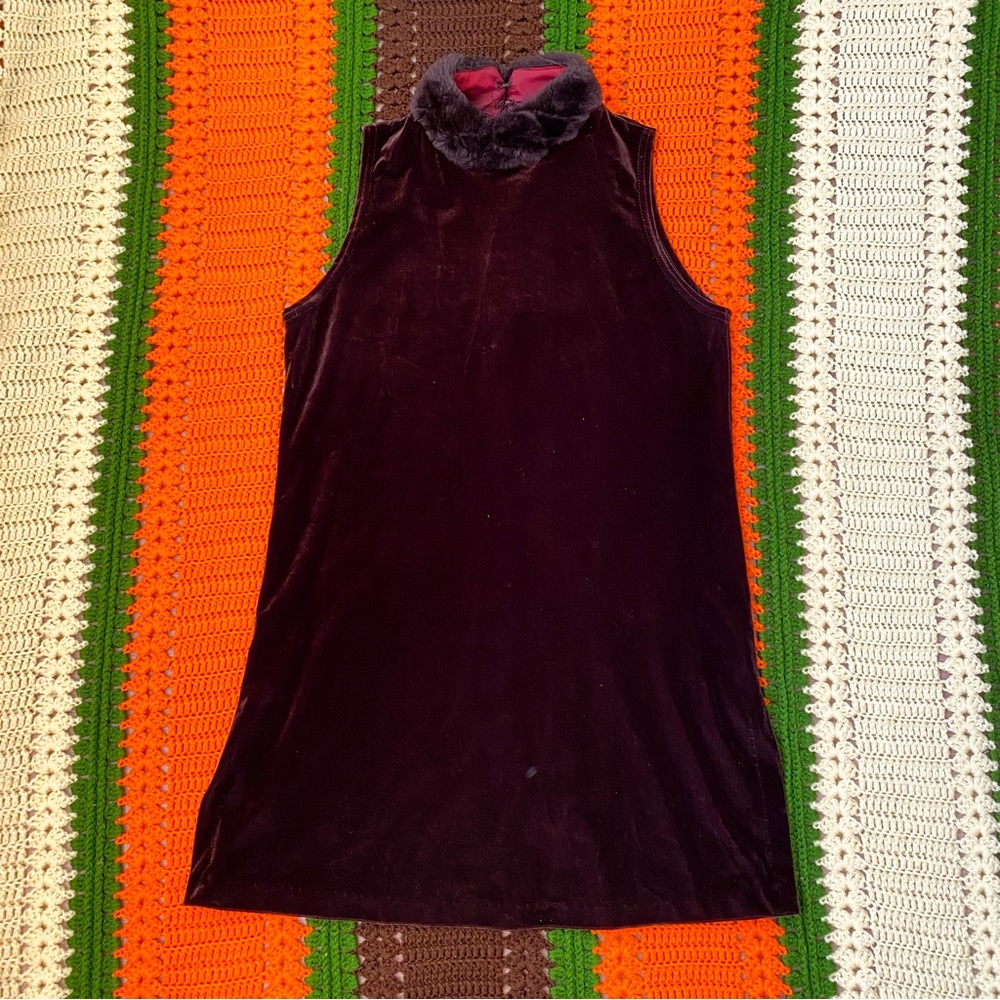 90s FUR-TRIMMED BROWN VELOUR MINI DRESS + PANTS SET